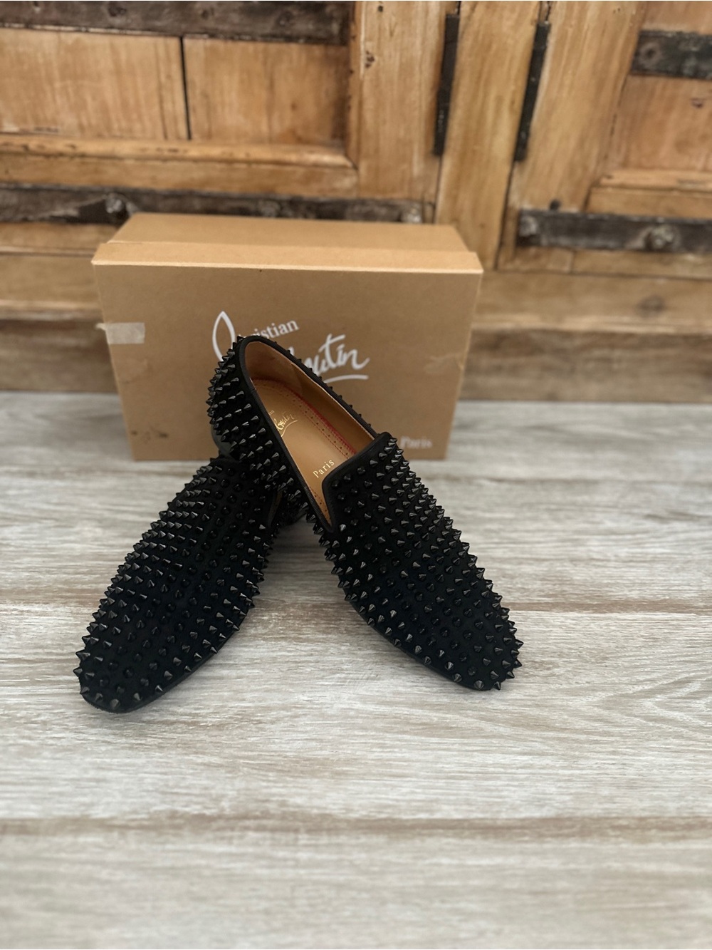 Christian Louboutin Black Studded Velvet Slip-On Loafers women or men